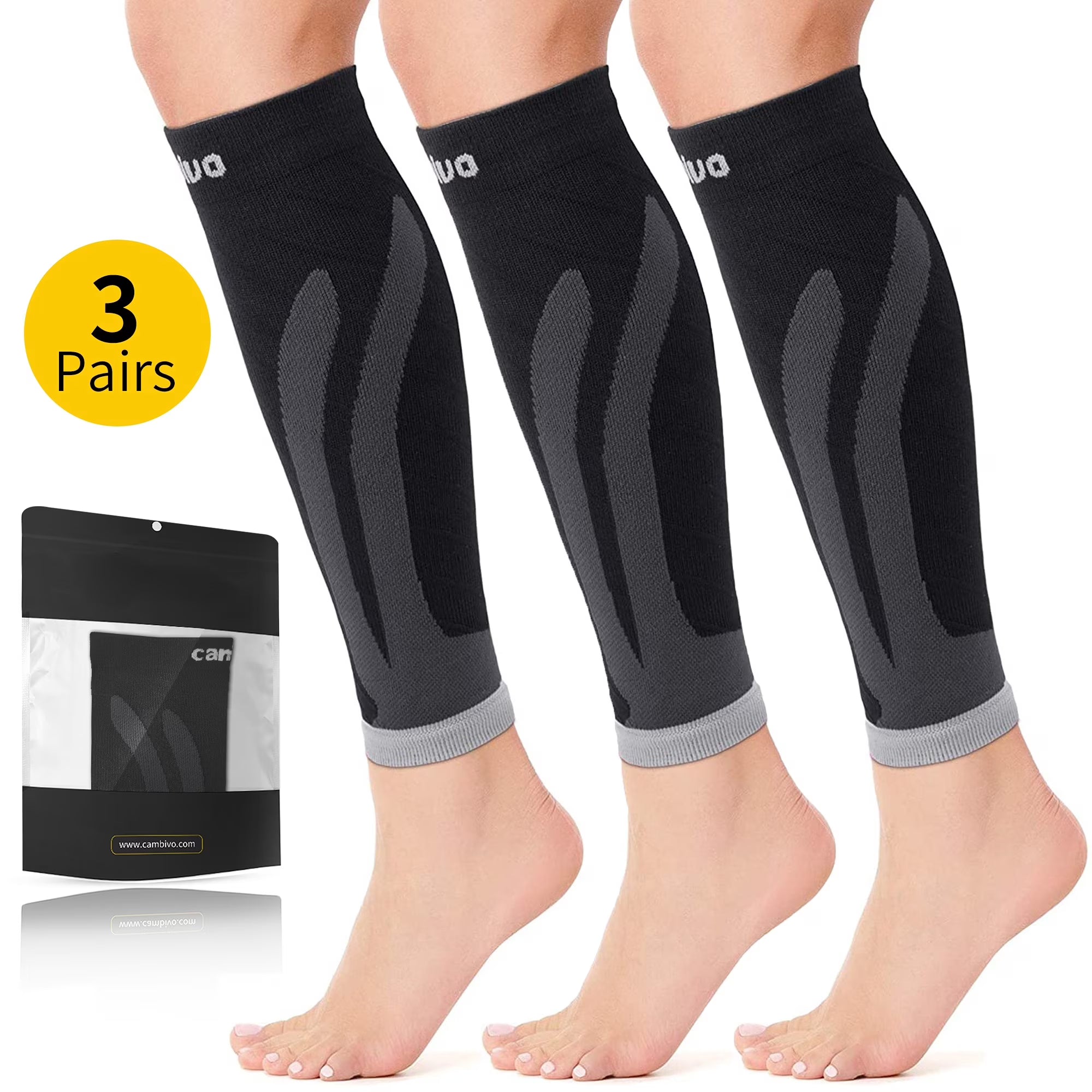 Cambivo 3 Pairs Calf Compression Sleeve for Women & Men, Leg Brace for Running, Cycling, Shin Splint Support for Workout